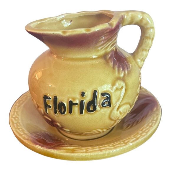 Florida Small Pitcher and Saucer Vintage Yellow Flamingo Made in Japan GF Brand - Picture 1 of 9